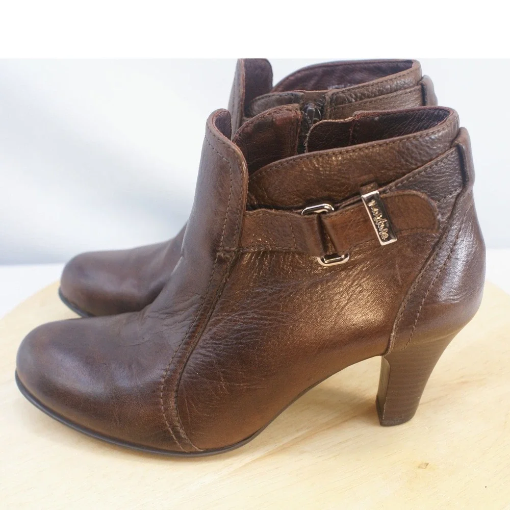 Nurture Hunter Brown Leather Ankle Boots‎ Buckle Zip Booties Womens 6.5M